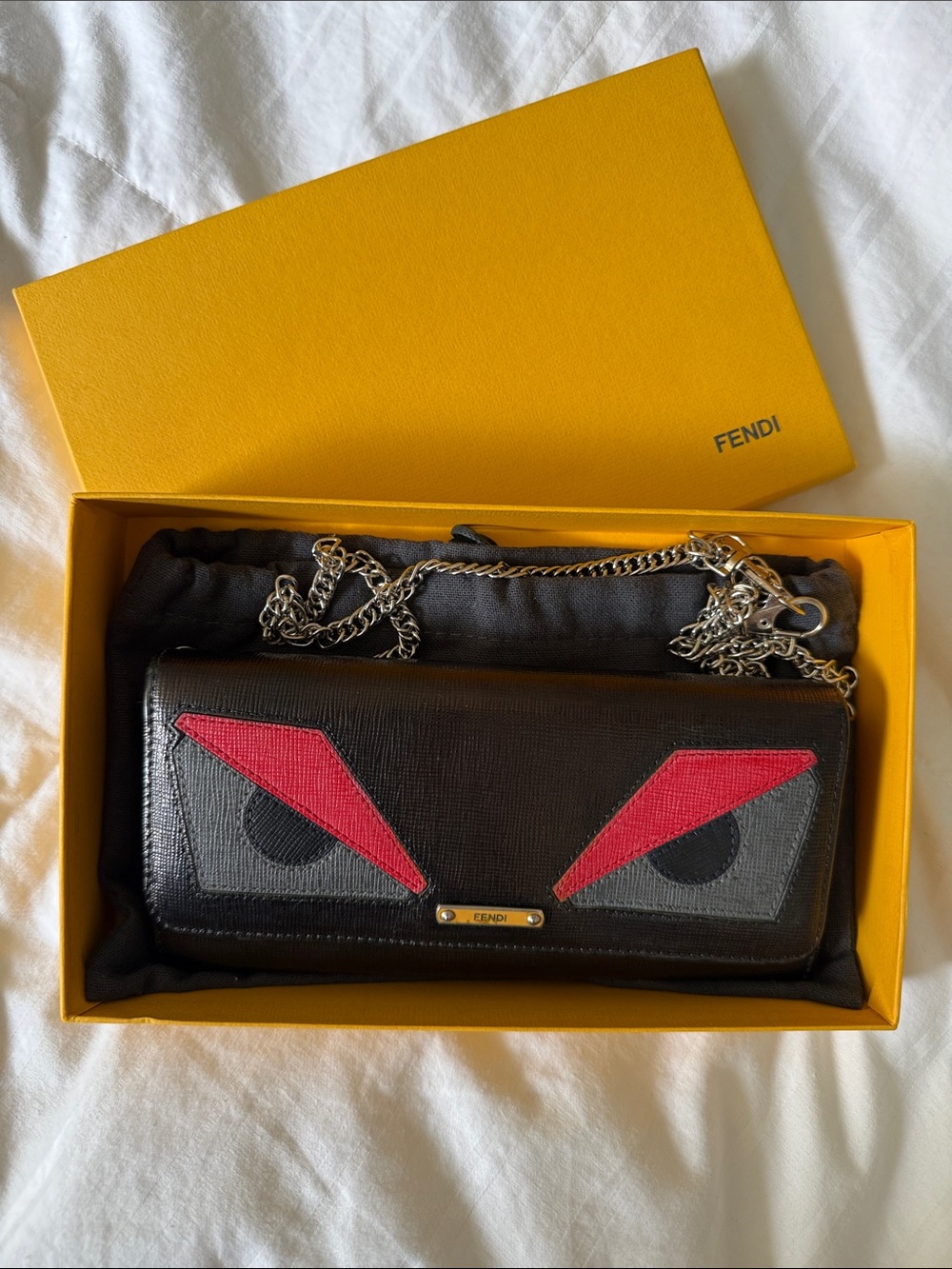 Fendi Black Leather Clutch with Red and Gray Eye Appliqués